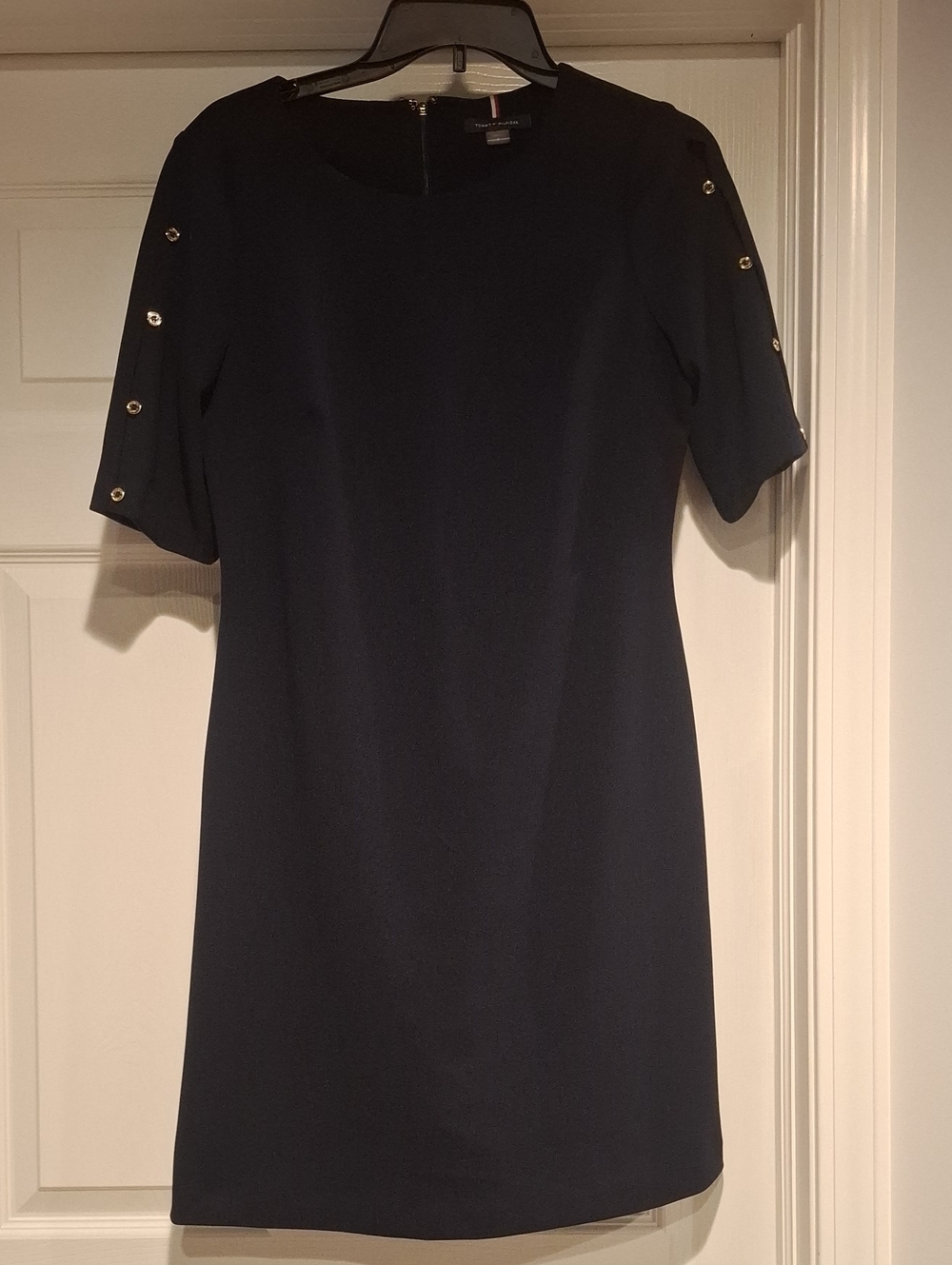 Tommy Hilfiger Navy Midi Shift Dress with Gold Button Trim On Sleeves